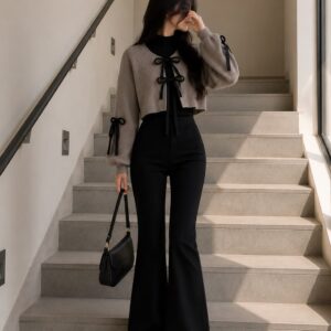 Set áo croptop xám và quần ống loe
