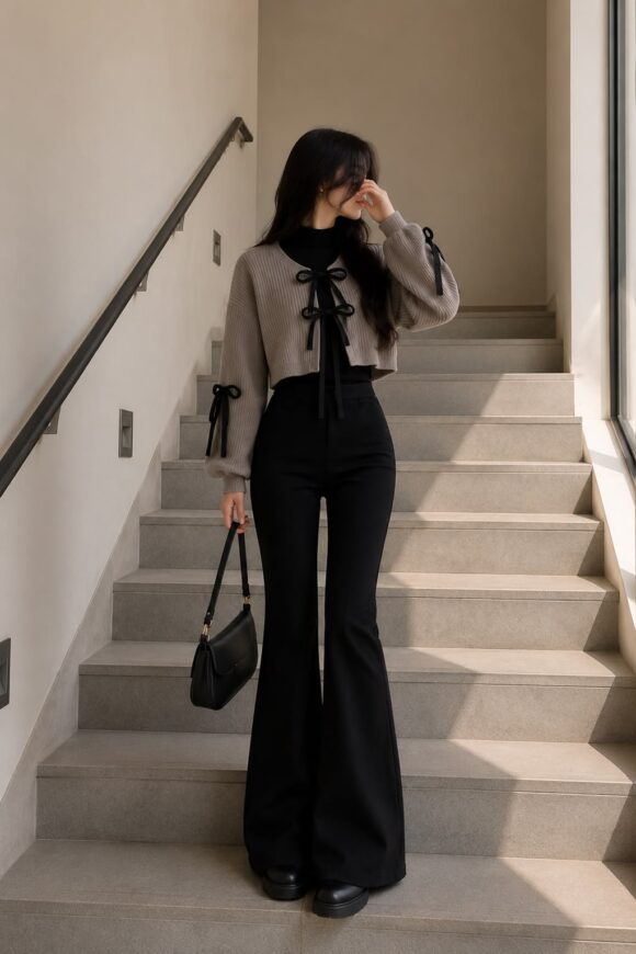 Set áo croptop xám và quần ống loe