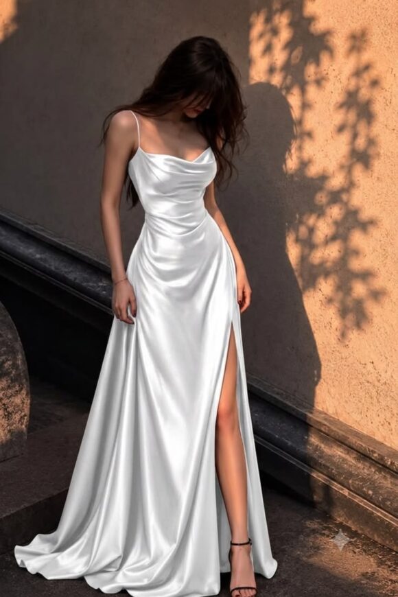 Váy satin trắng bạc xẻ tà