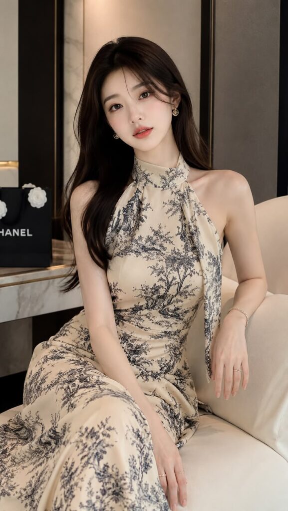 Váy cổ yếm họa tiết thủy mặc